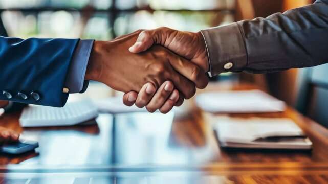 Confident investor shaking hands after setting up real estate business foundation